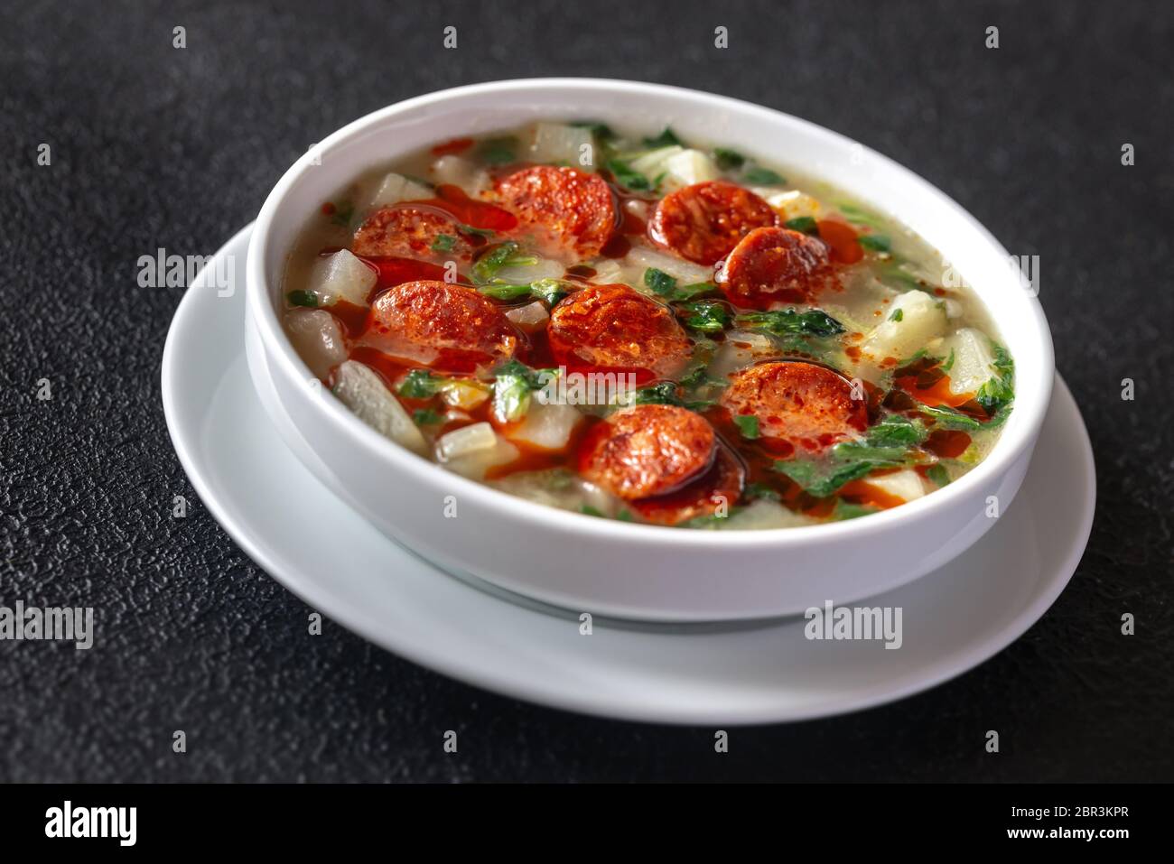 Portion of Portuguese Caldo verde soup Stock Photo