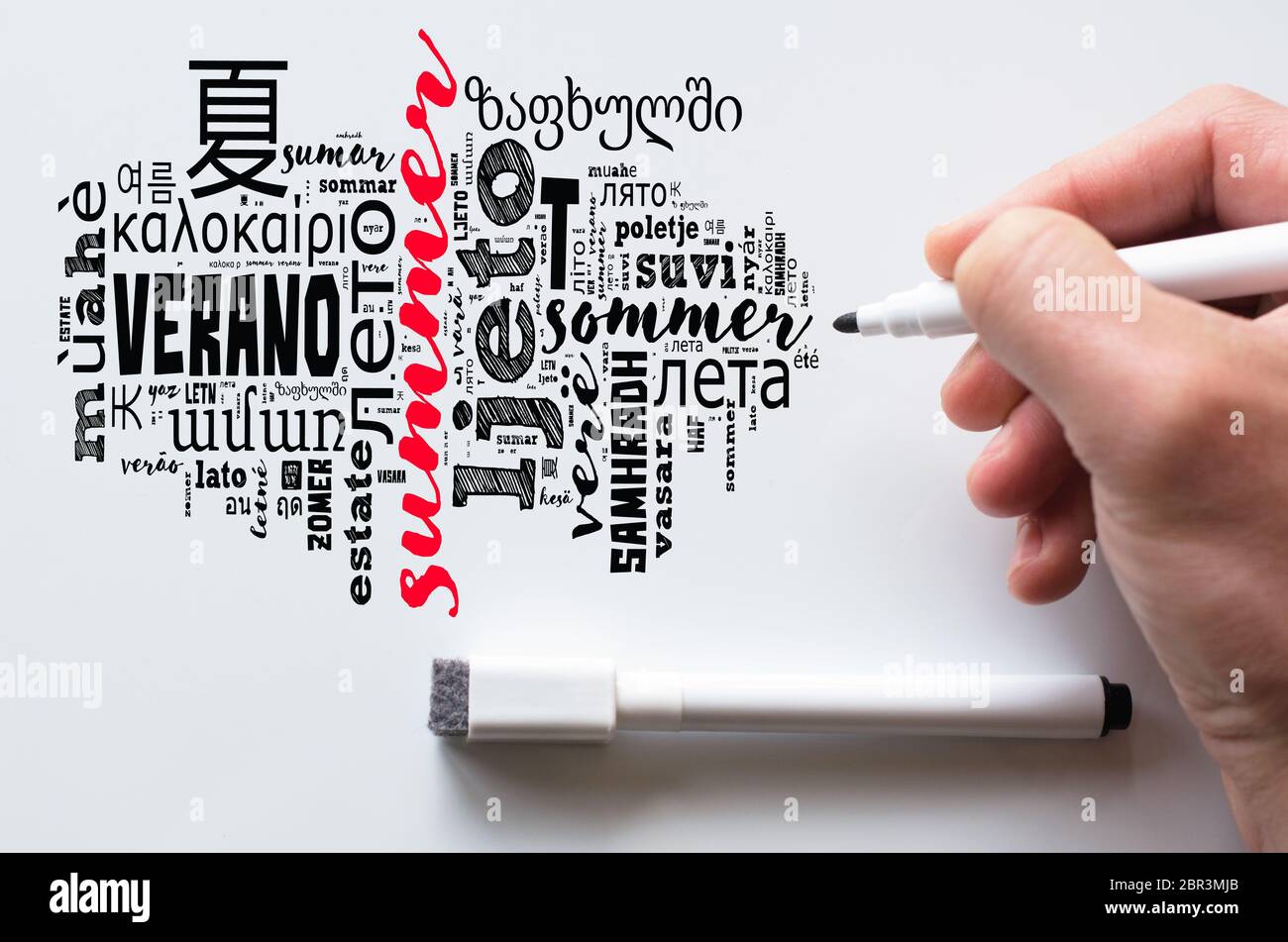 Word Summer in different languages word cloud collage over whiteboard