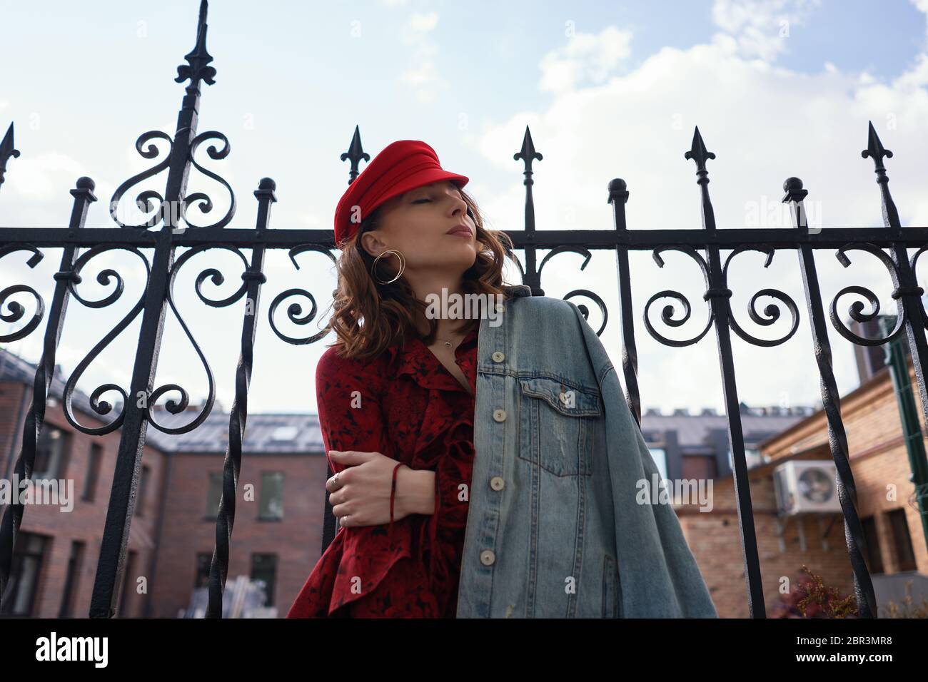 red dress denim jacket