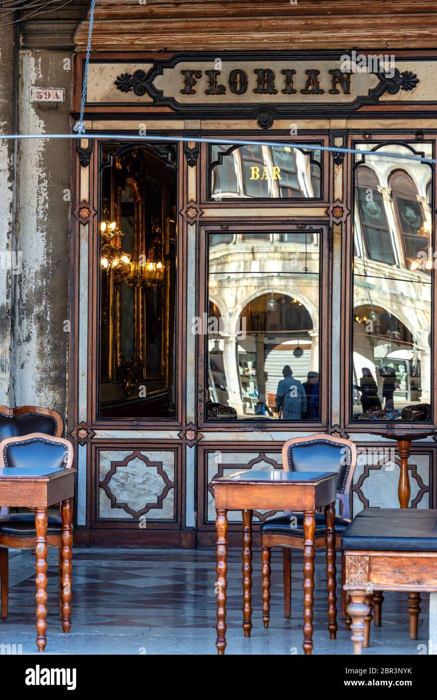 Cafe Florian on the Piazza San Marco or St Mark`s Square in Venice. It ...