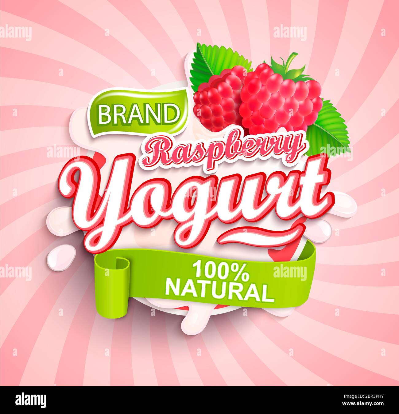 Natural and fresh raspberry Yogurt logo splash on sunburst background for your brand, template, label, emblem for groceries, stores, packaging, packin Stock Photo