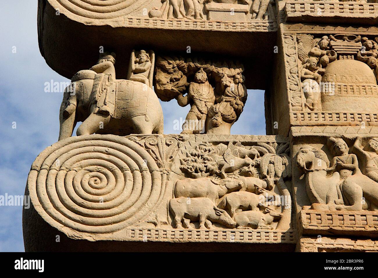 Detail of a section of stone panel on top of doorway at Stupa in Sanchi ...