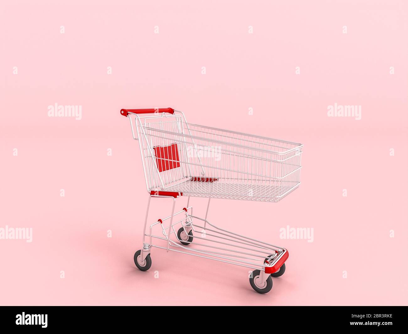 empty shopping cart on pink background. nobody around. 3d render. concept of buying and selling products. Stock Photo