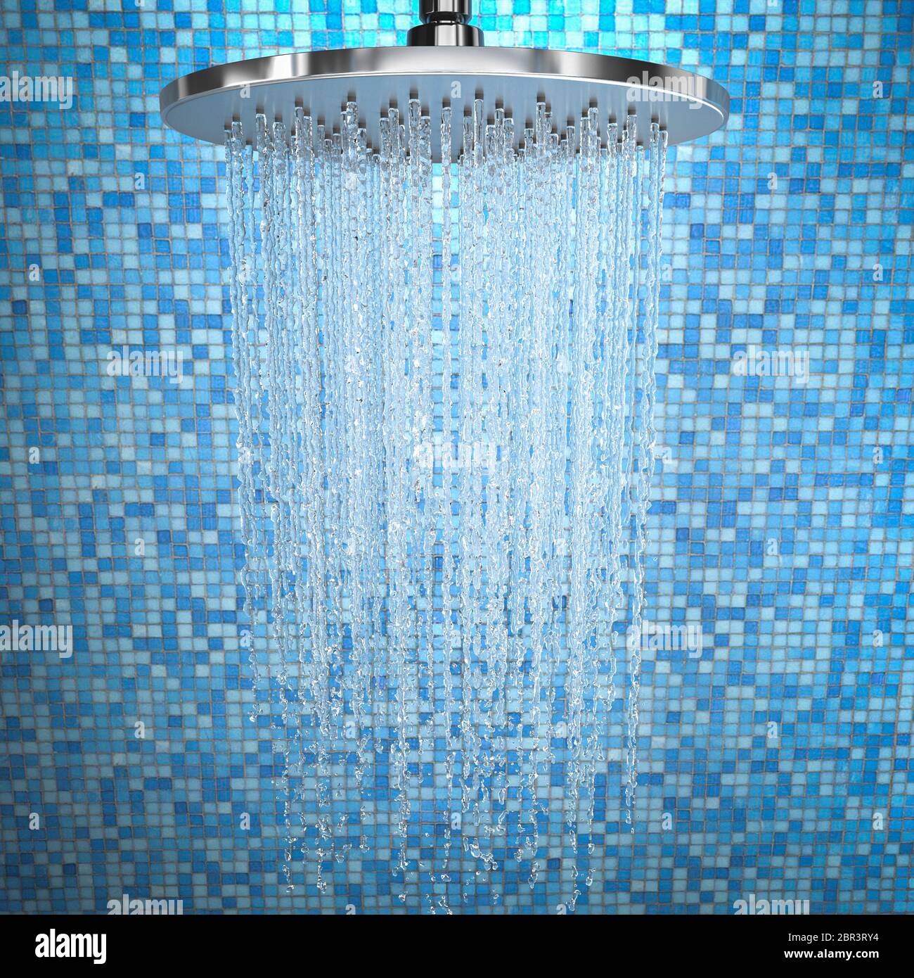 detail of water coming out of the modern and circular head of a shower with blue mosaic tiles. nobody around. 3d render. Stock Photo