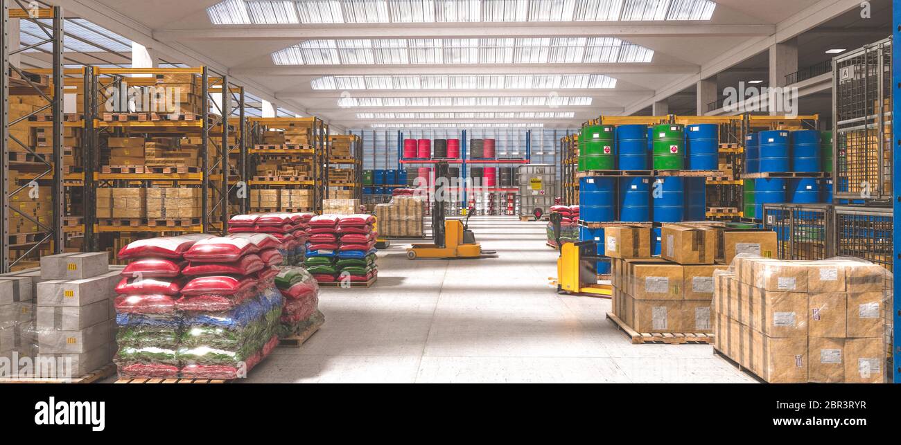 interior of an industrial warehouse where different goods are stored. 3d render. industry and shipping concept. nobody around, landscape format. Stock Photo