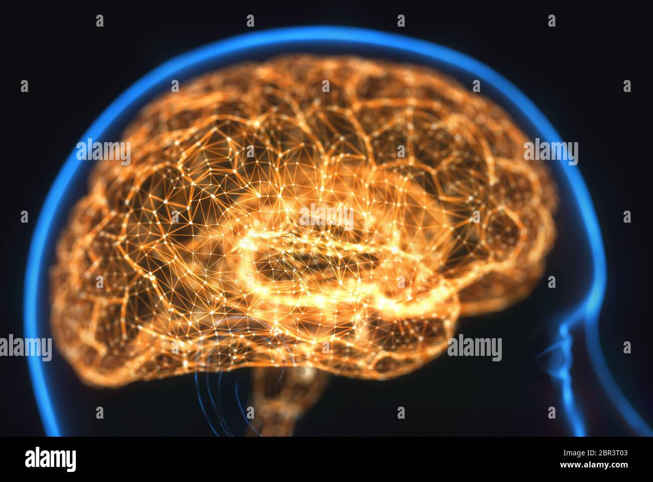 3D illustration. X-ray of the head and human brain in concept of neural connections and electrical pulses. Stock Photo