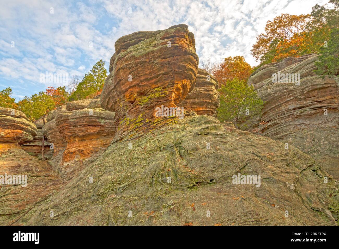 Dramatic Rock Formations in the Autumn Light in the Garden of the Gods in Shawnee National Forest in Southern Illinois Stock Photo