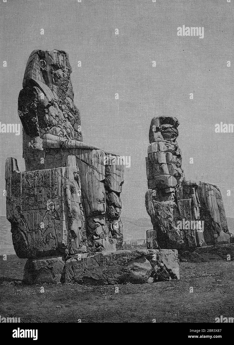 The Colossi of Memnon el-Colossat or es-Salamat, v is two neighboring ancient Egyptian colossal statues from the 14th century. Chr. You are in the valley of the Nile near the Valley of the Kings el-Moluk in Western Thebes, Egypt  /  Die Memnonkolosse el-Colossat oder auch es-Salamat, sind zwei nebeneinander stehende altägyptische Kolossalstatuen aus dem 14. Jahrhundert v. Chr. Sie befinden sich im Niltal unweit des Tals der Könige el-Moluk, in Theben-West, Ägypten, Historisch, historical, digital improved reproduction of an original from the 19th century / digitale Reproduktion einer Originalv Stock Photo