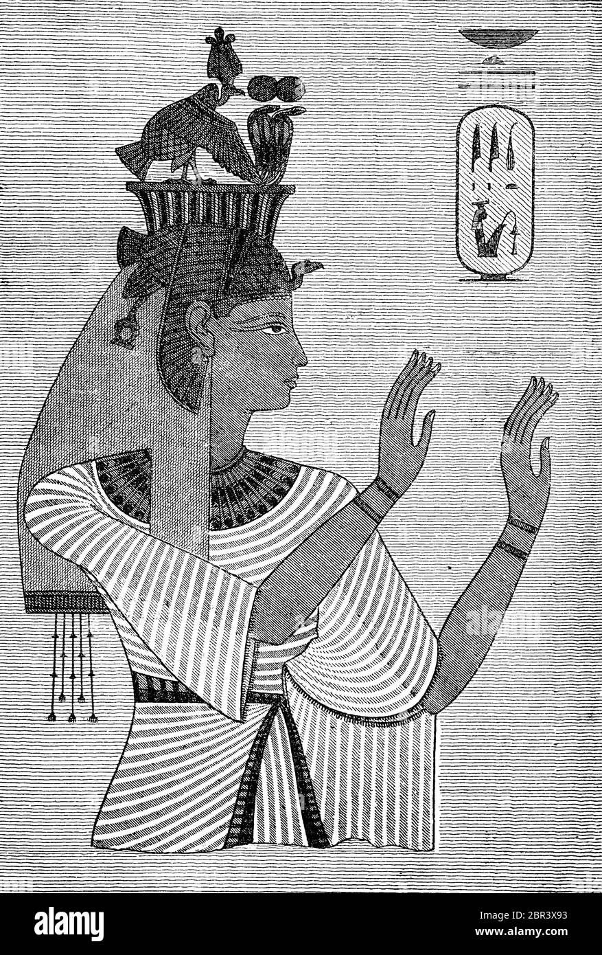 Tiye, v 1398th V. 1338 - Chr. Chr., Was the Great Royal Wife and de facto co-ruler of the Egyptian pharaoh Amenhotep III, Egypt  /  Teje, 1398 v. Chr.  - 1338 v. Chr., war die Große königliche Gemahlin und de facto Mitregentin des ägyptischen Pharaos Amenophis III, Ägypten, Historisch, historical, digital improved reproduction of an original from the 19th century / digitale Reproduktion einer Originalvorlage aus dem 19. Jahrhundert, Stock Photo