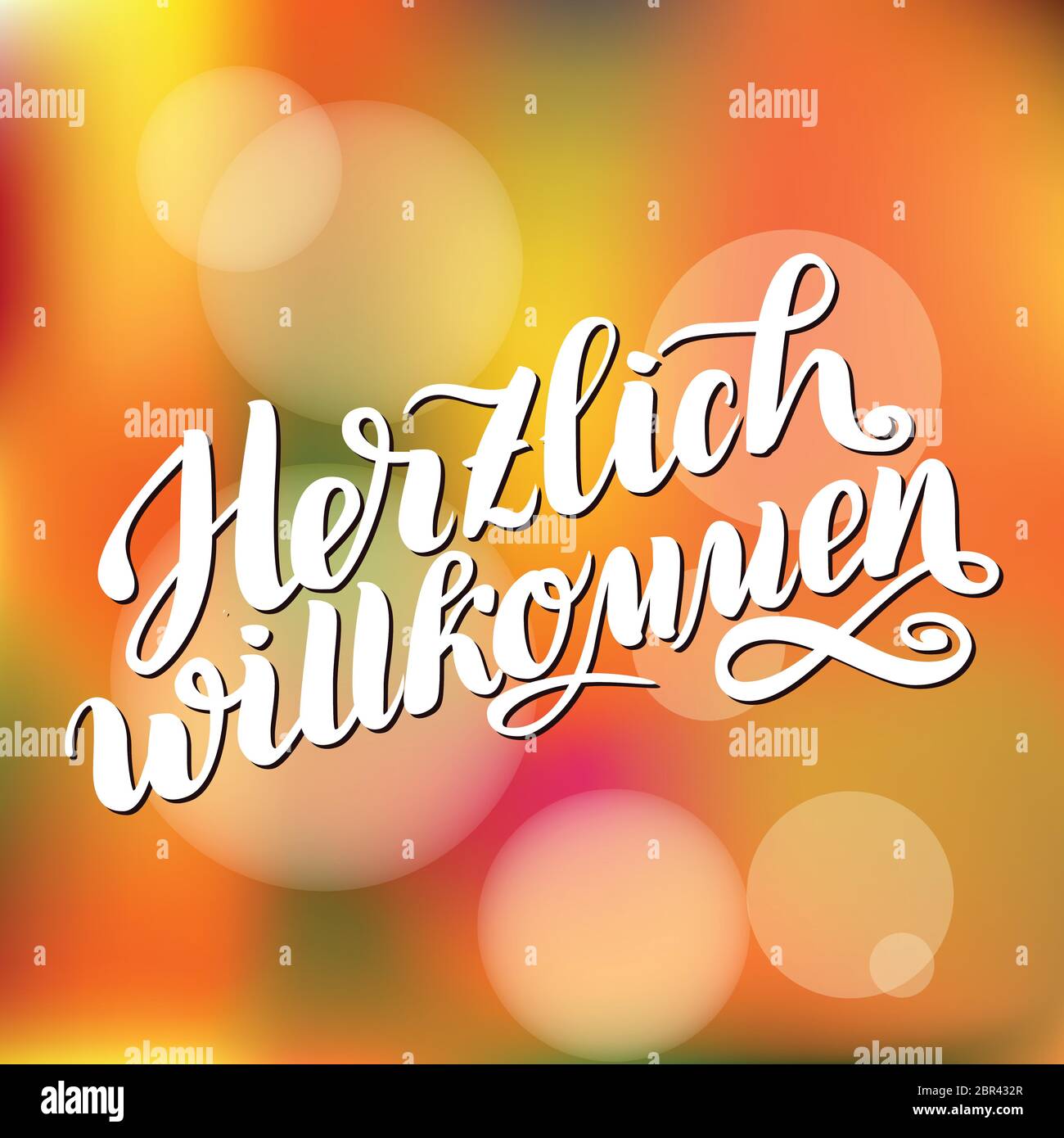 Herzlich willkommen. Welcome. Traditional German Oktoberfest bier festival . Vector hand-drawn brush lettering illustration on orange blurred backgrou Stock Vector