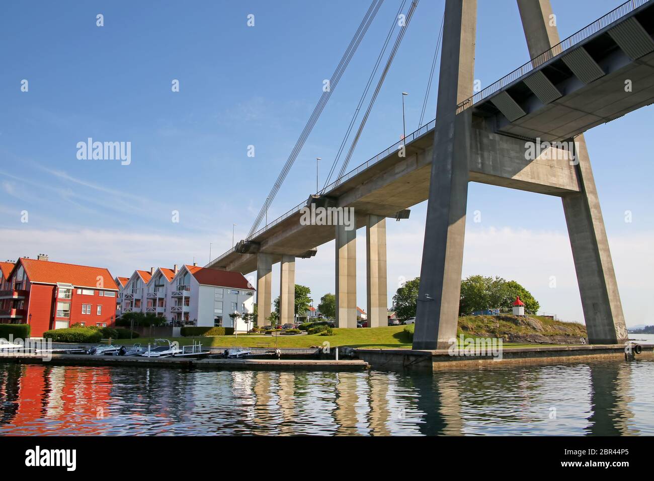 Stavanger City Bridge is a cable-stayed bridge in the city of Stavanger in Rogaland county, Norway. The bridge crosses the Straumsteinsundet strait. Stock Photo