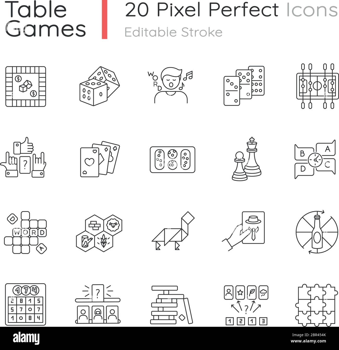 Table games pixel perfect linear icons set Stock Vector