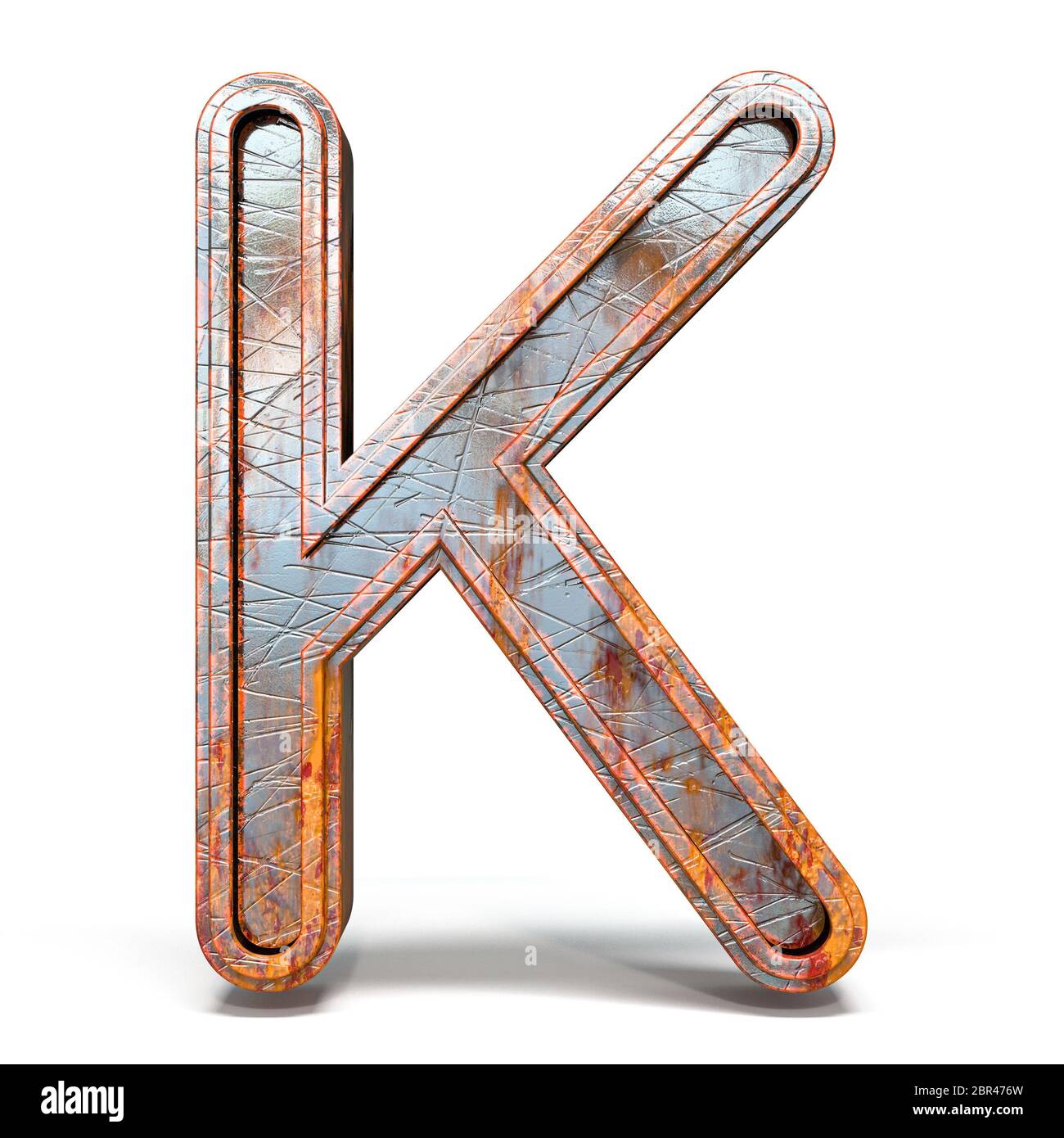 Rusty metal font Letter K 3D render illustration isolated on white