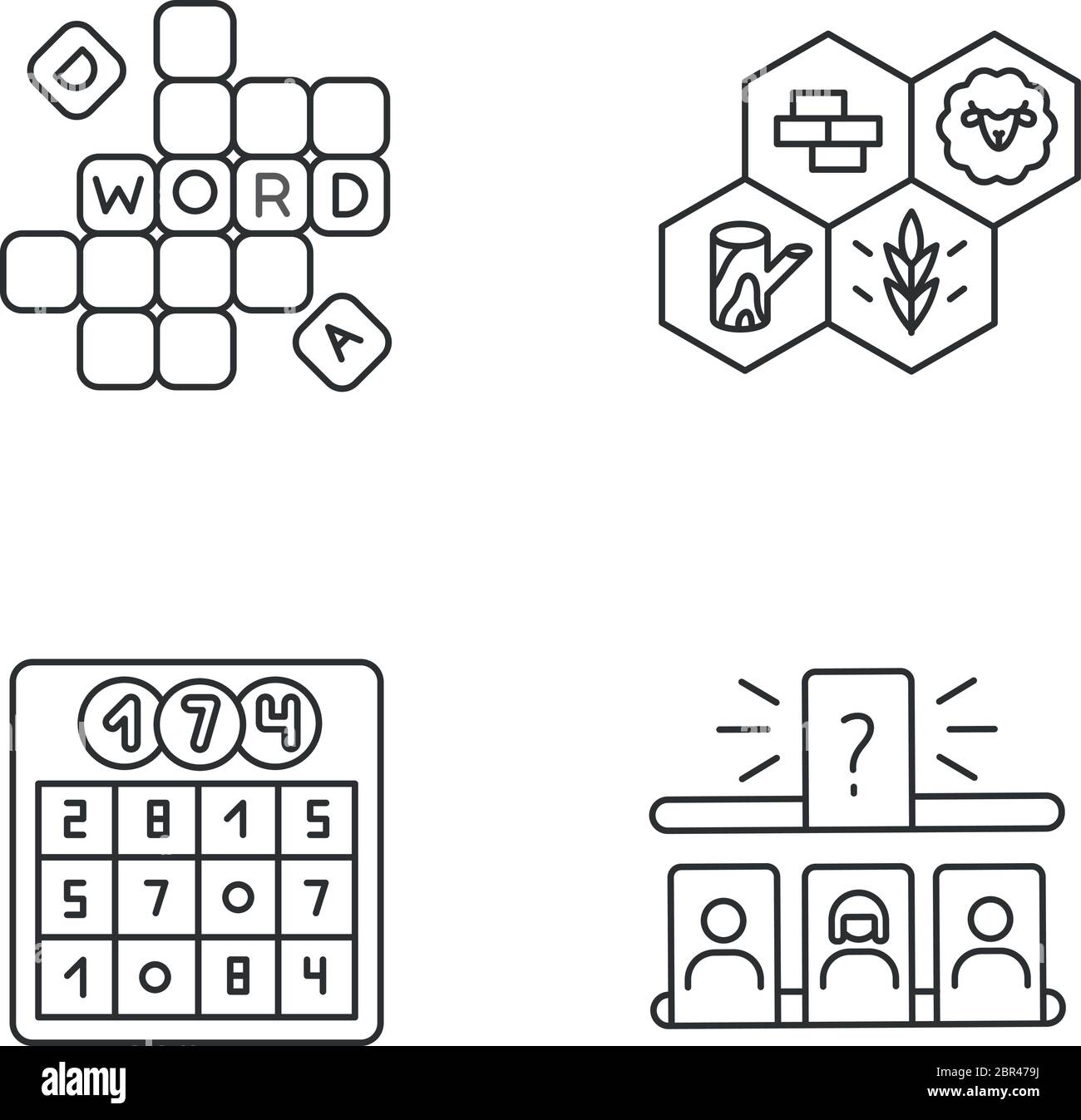 Recreational games pixel perfect linear icons set Stock Vector
