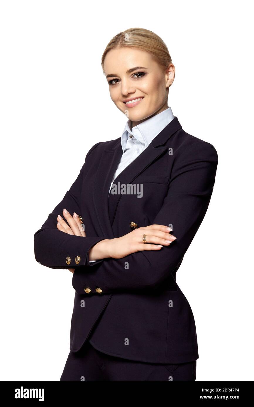 Portrait of cheerful young blonde woman in a dark business suit ...