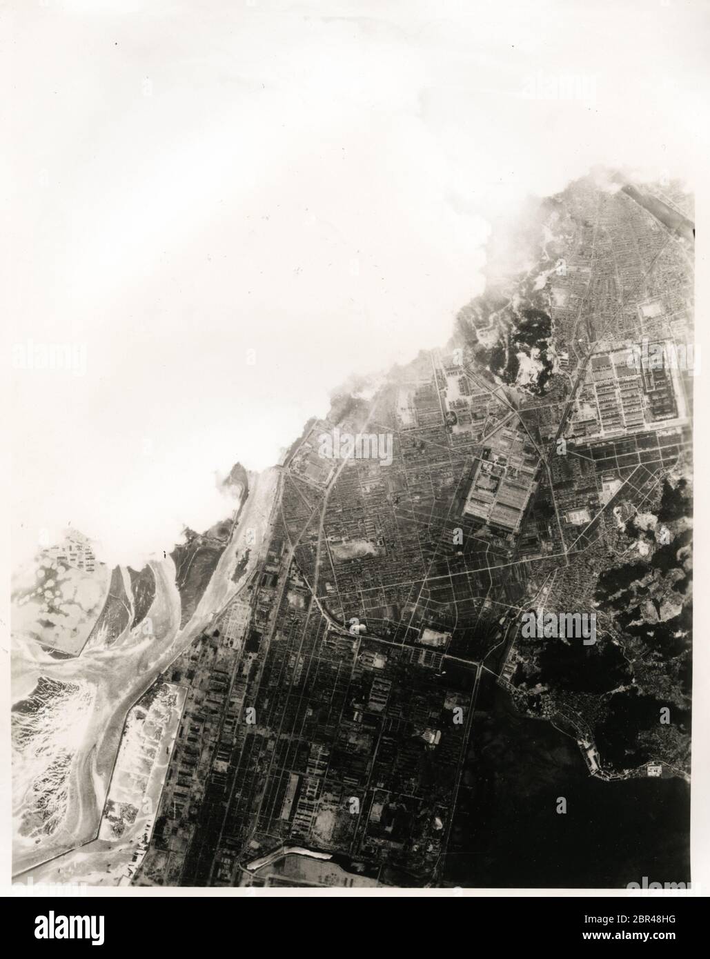 Aerial view of the city of Hiroshima, Japan, with the  point of explosion of the atomic bomb 1945, World War II Stock Photo