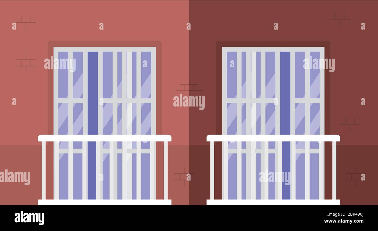 Isolated windows with balconies outside brown building vector design ...