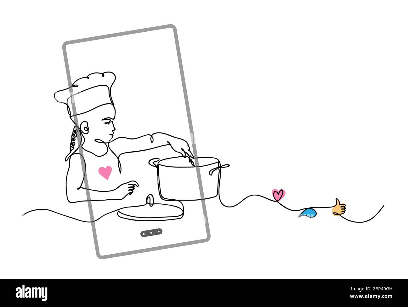 Kid, child cooking. Cook blogger concept. vector illustration with phone, like, thumb up, heart, comment Stock Vector