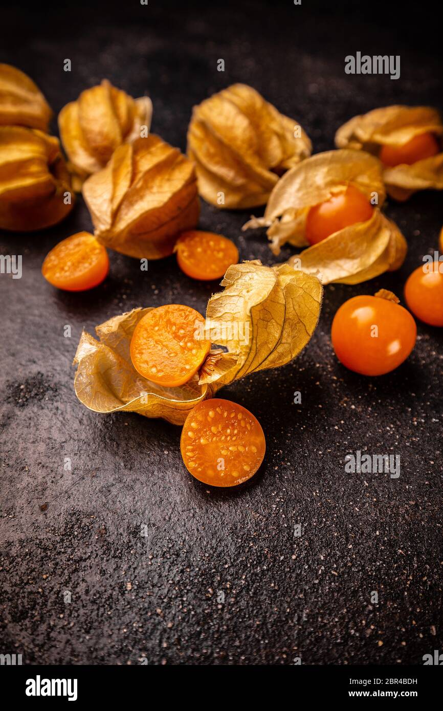 Physalis, cape gooseberry fruit. Ripe cutted fruit with visible seeds Stock Photo Alamy