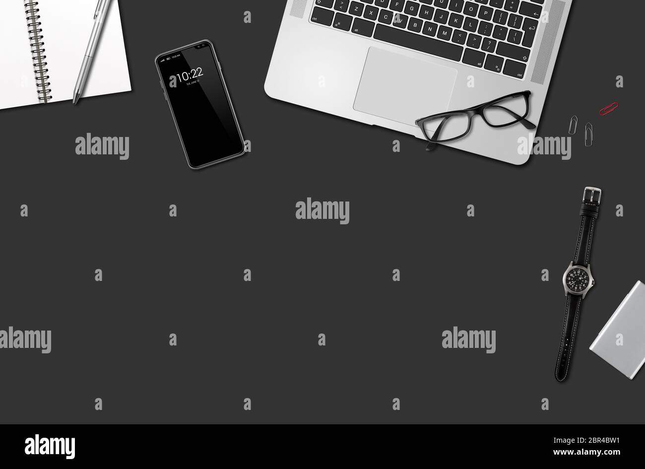 Modern office desk mockup top view isolated on black Stock Photo Alamy