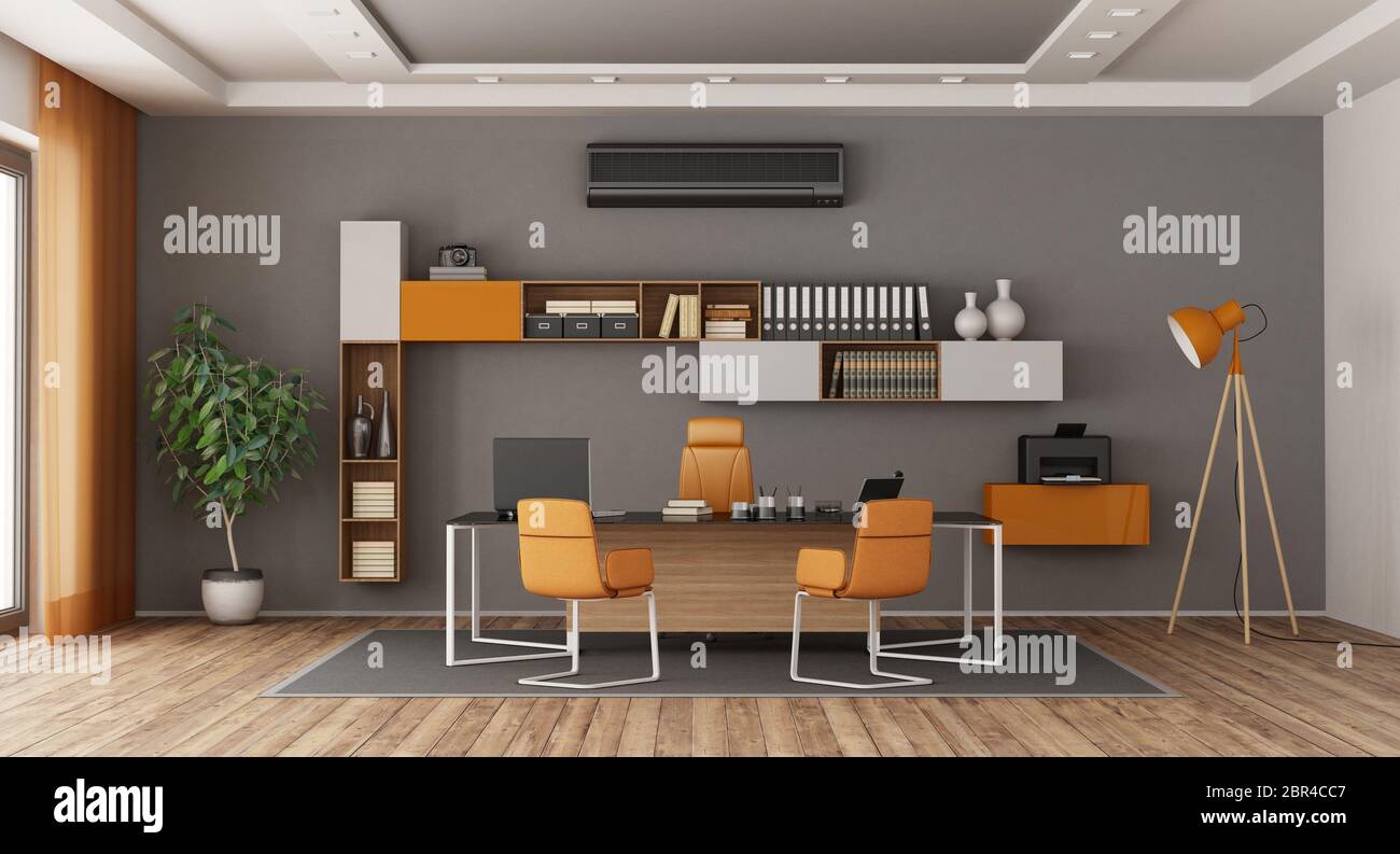 Gray and orange modern office with desk,office chairs , bookcase and air conditioner - 3d rendering Stock Photo