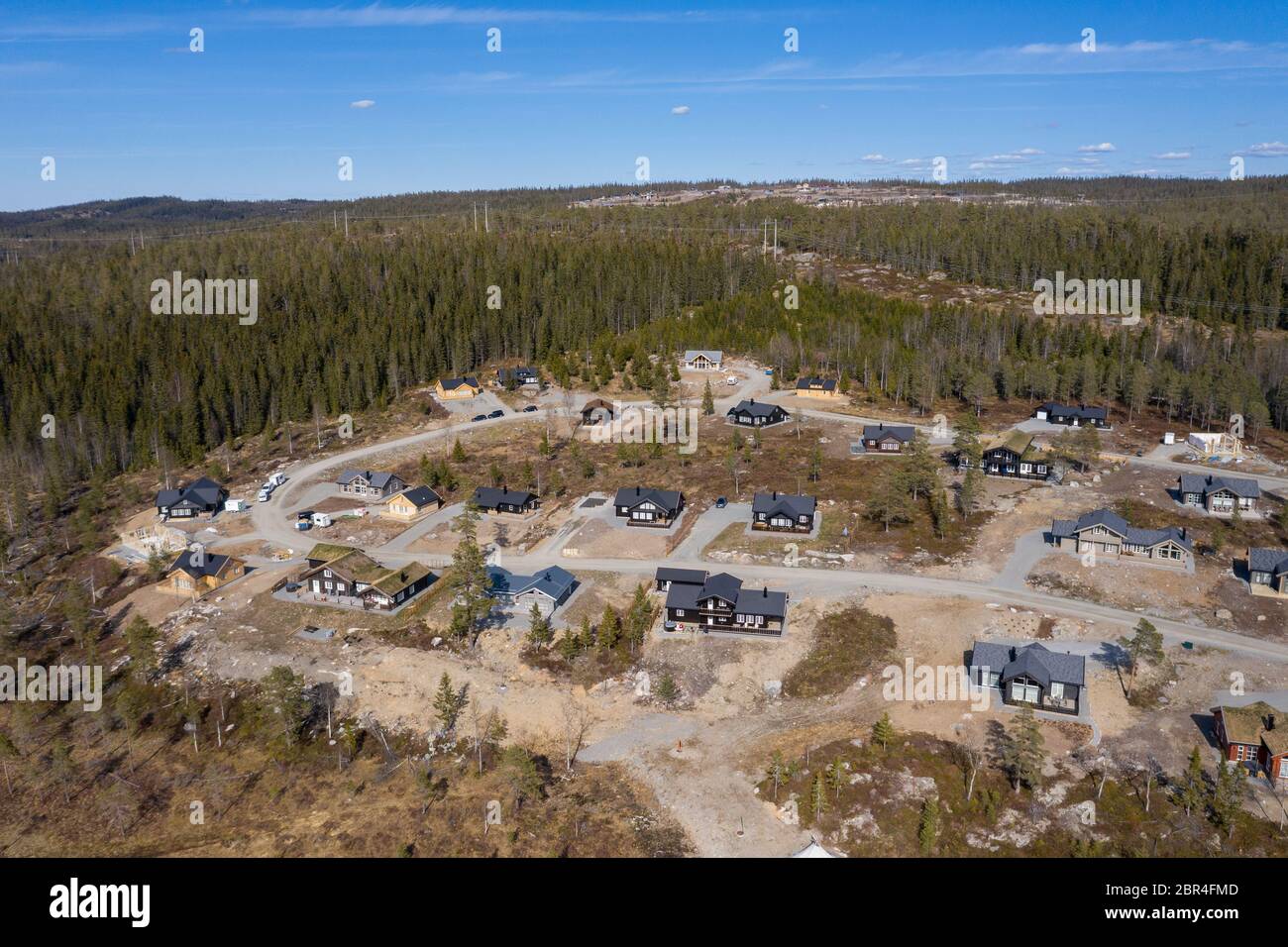 Aerial photo of modern cabin development at Lygna Skisenter, Jaren, 1 hr drive from Oslo Stock Photo