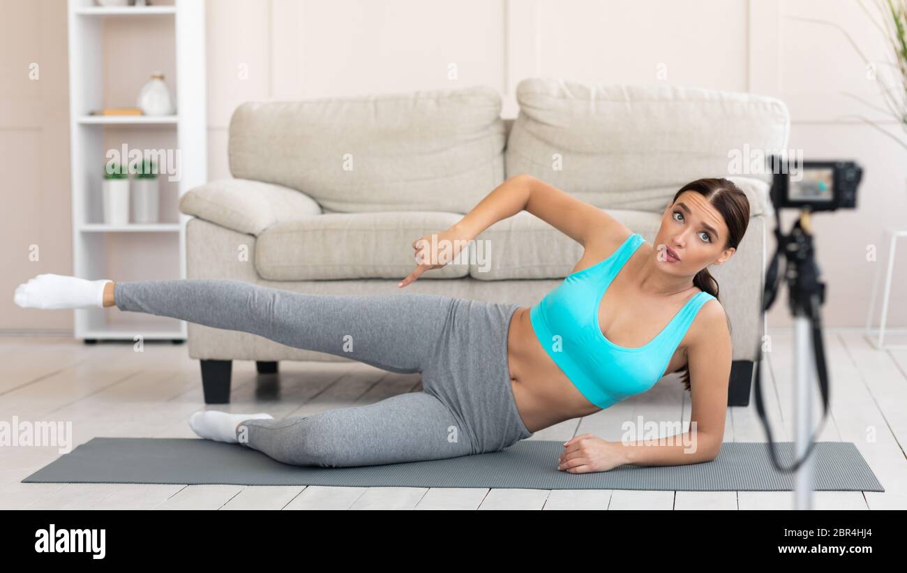 Woman Making Video For Fitness Blog At Home, Panorama Stock Photo