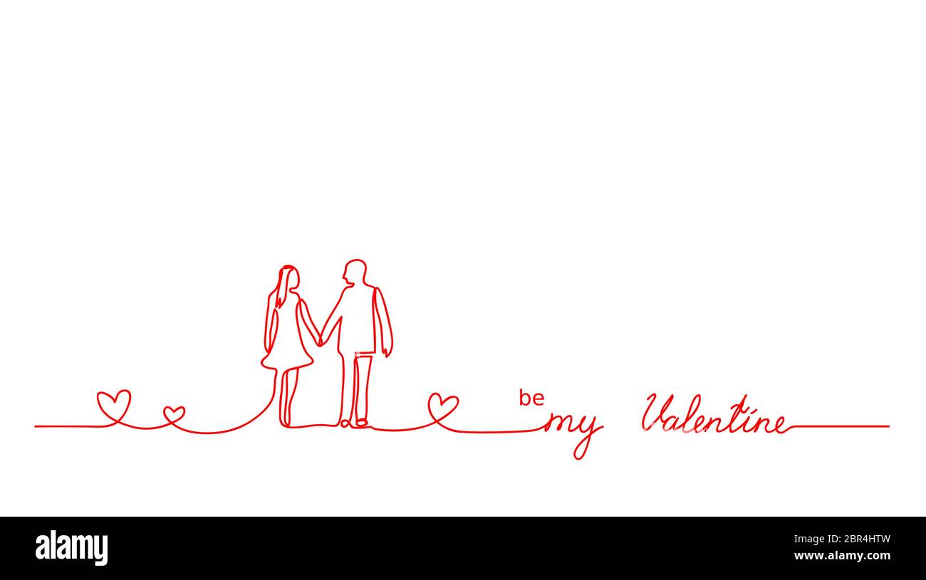 Be my Valentine lettering. Red line minimalistic vector background with couple, love, hearts and text Be my Valentine. Continuous one line drawing Stock Vector
