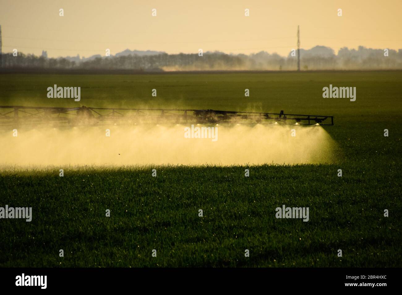 Jets of liquid fertilizer from the tractor sprayer. Tractor with the