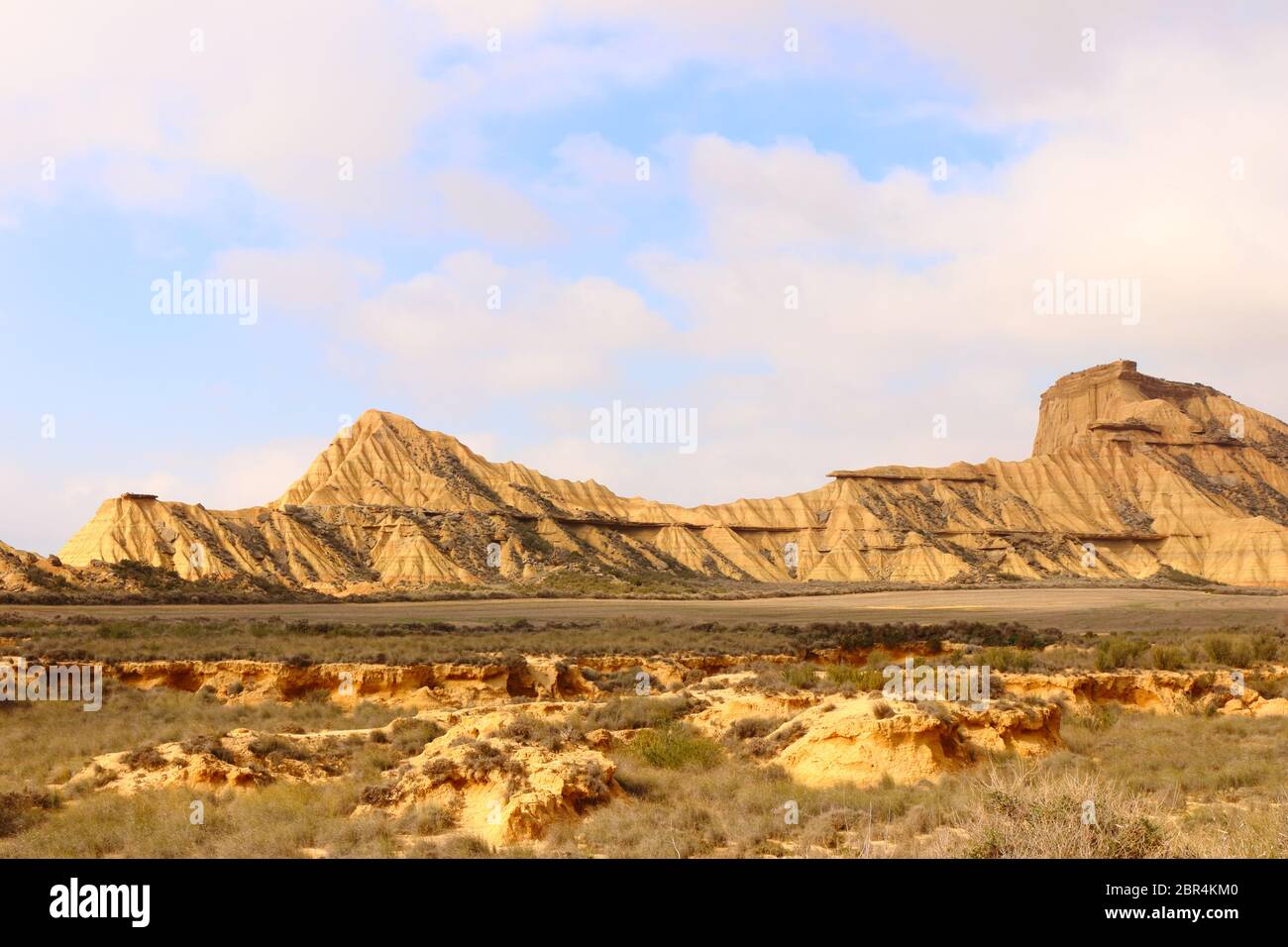 Striking landforms with only scarce vegetation in the semi-desert natural region Bardenas Reales, UNESCO Biosphere Reserve, Navarra, Spain Stock Photo