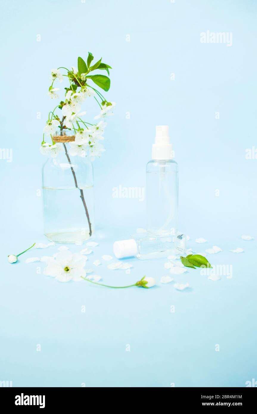 Vintage glass vase with cherry three branch, hand antiseptic in differrent bottles and beatiful blooming cherry tree flowers on blue background. Stop coronavirus concept. Stock Photo