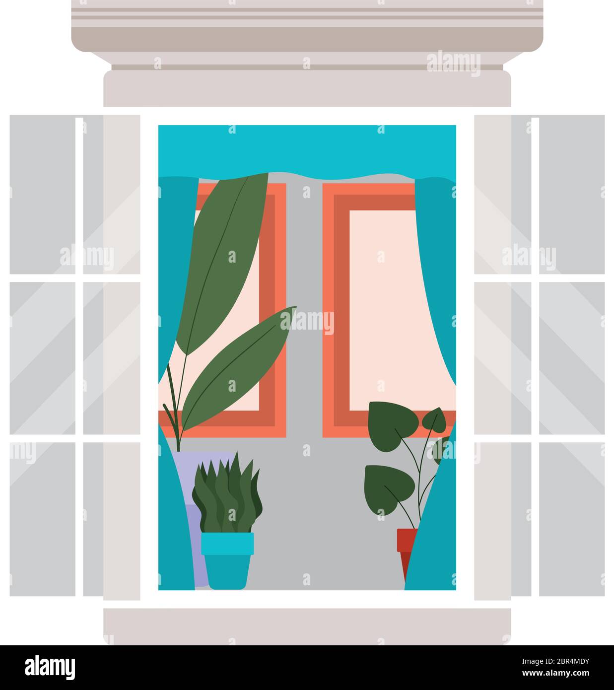 window with interior view of plants and frames vector design Stock ...