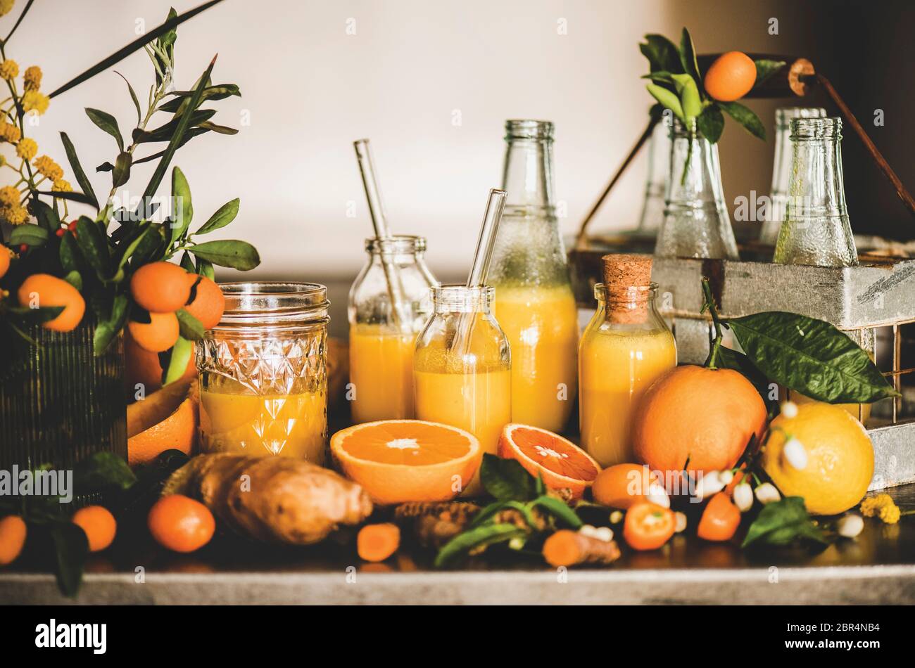 Immune boosting vitamin health defending drink. Turmeric, ginger and citrus juice shots in bottles and fresh plant ingredients over grey concrete kitc Stock Photo
