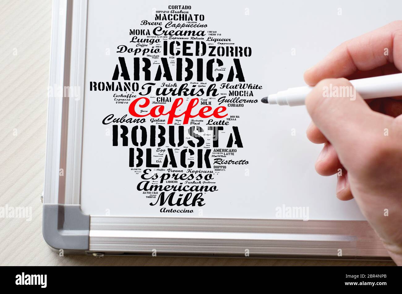 Coffee drinks words cloud collage over whiteboard background Stock Photo