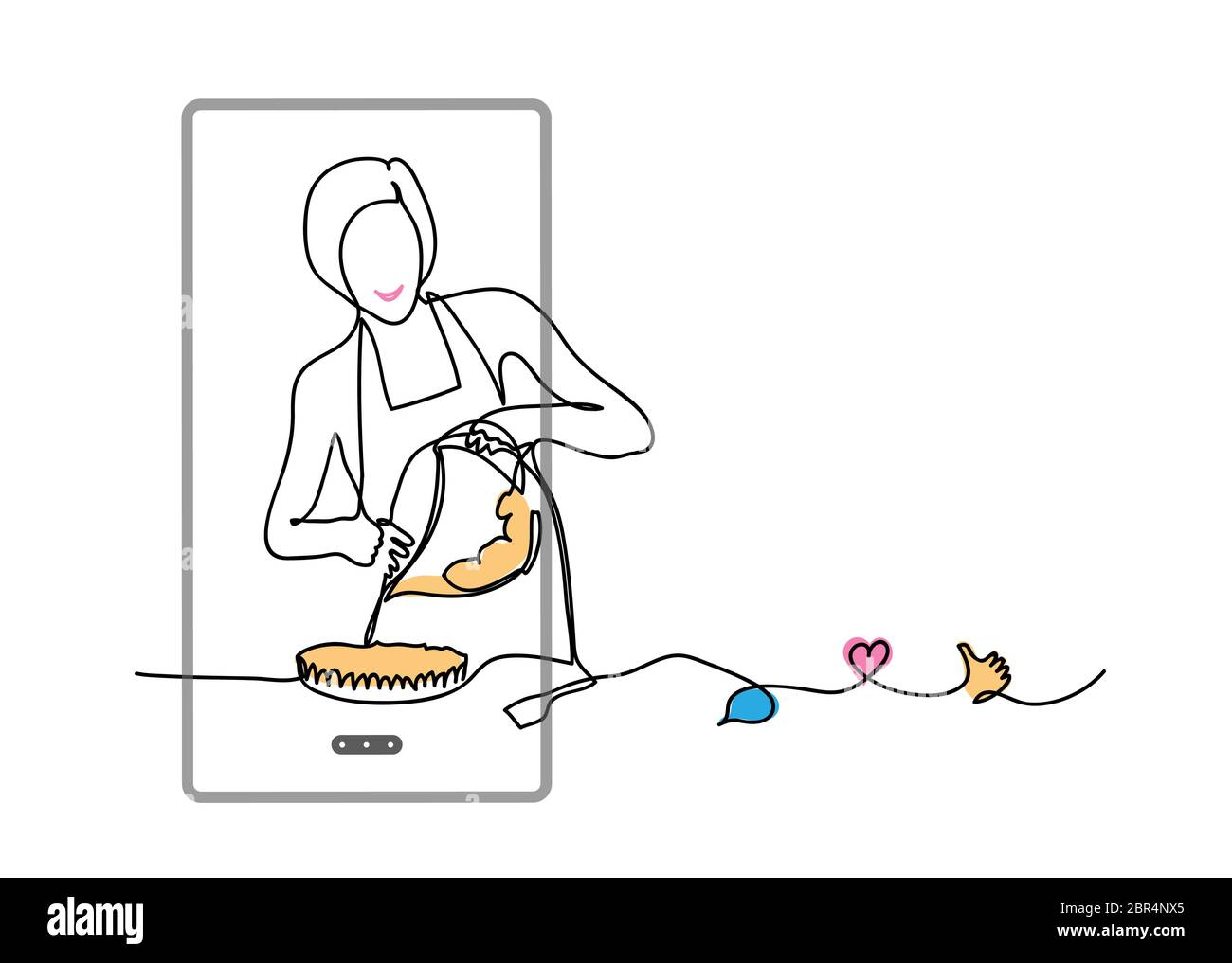 Baking, cooking vlog. Vector concept with girl,phone, like, thumb up, heart, comment. One continuous line drawing illustration of pie or cake baking Stock Vector