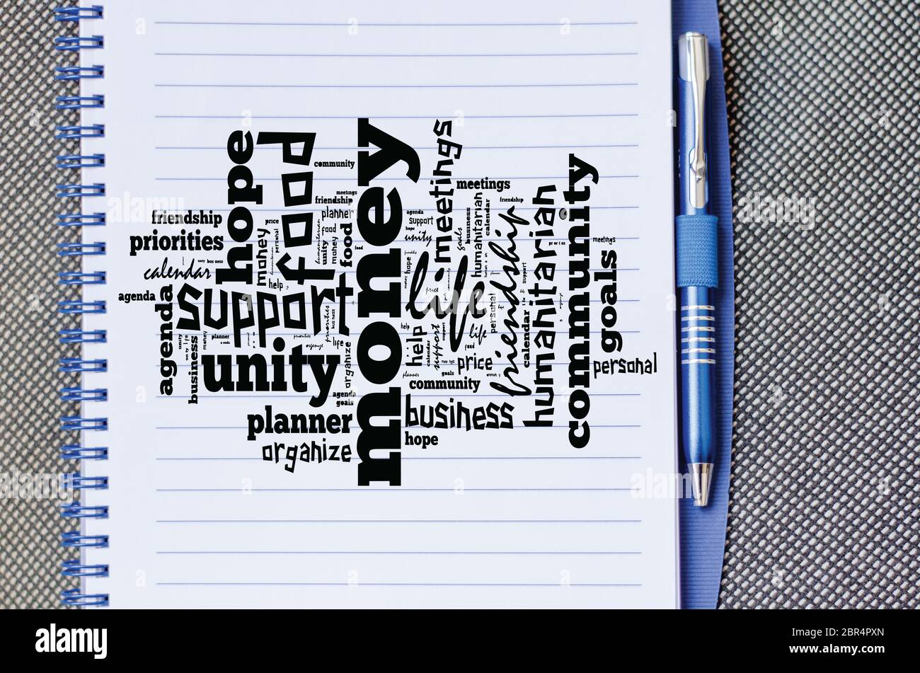 Money word cloud business concept over notepad background Stock Photo