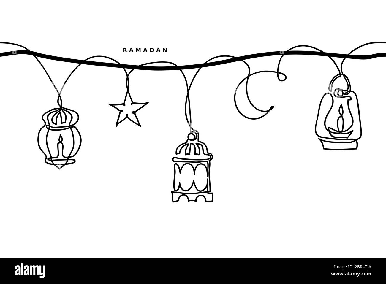 Ramadan simple black and white seamless vector border. Lantern, half moon, star garland. Ramadan minimal one continuous line drawing border Stock Vector
