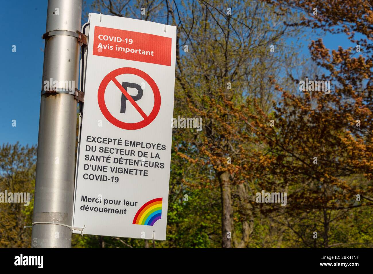 Montreal, CA - 20 May 2020: Reserved parking for Covid-19 care givers Stock Photo