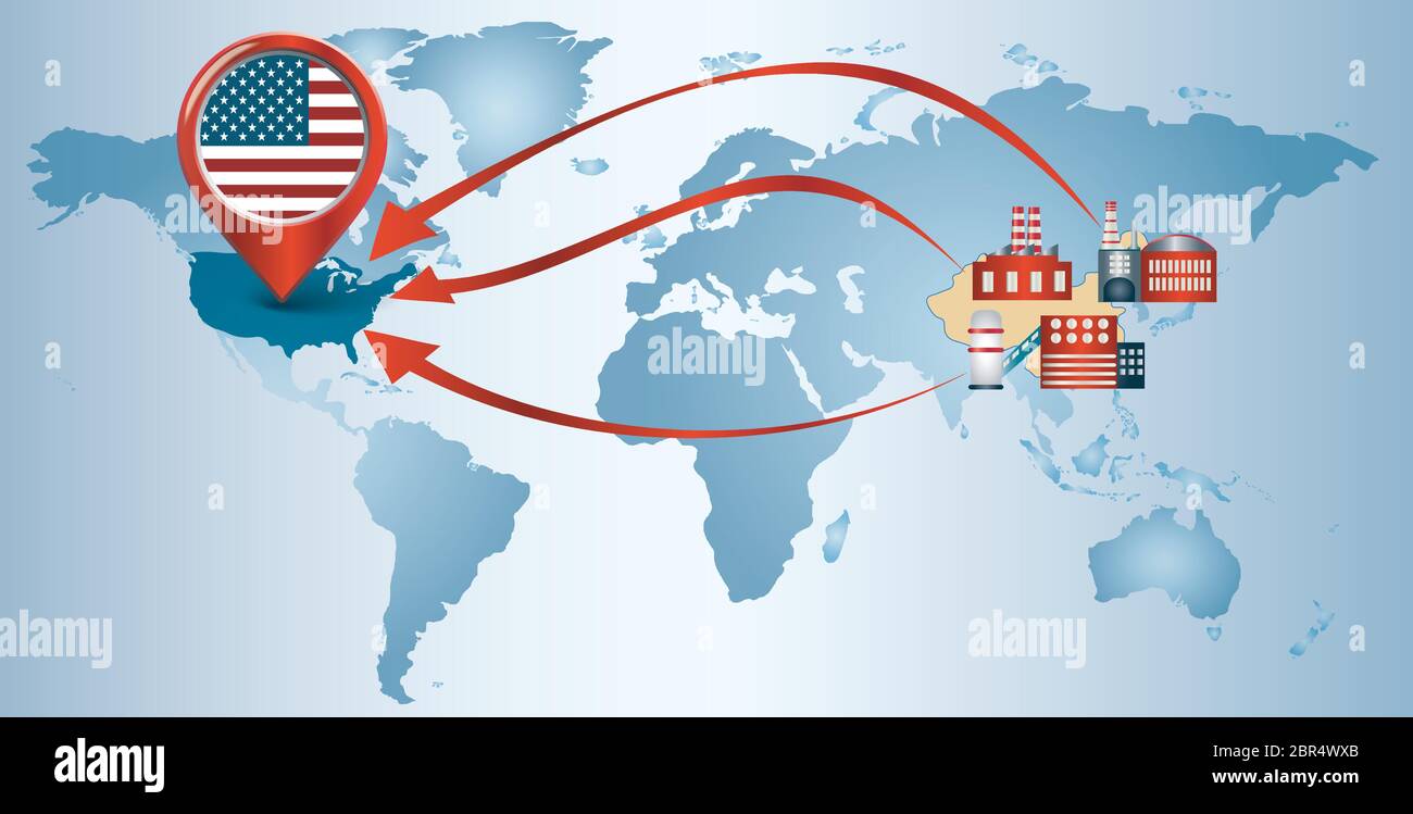 Re-shoring. Local production. Factories companies from China return to the USA.Protectionism.Local production self-sufficiency. Automated supply chain Stock Vector