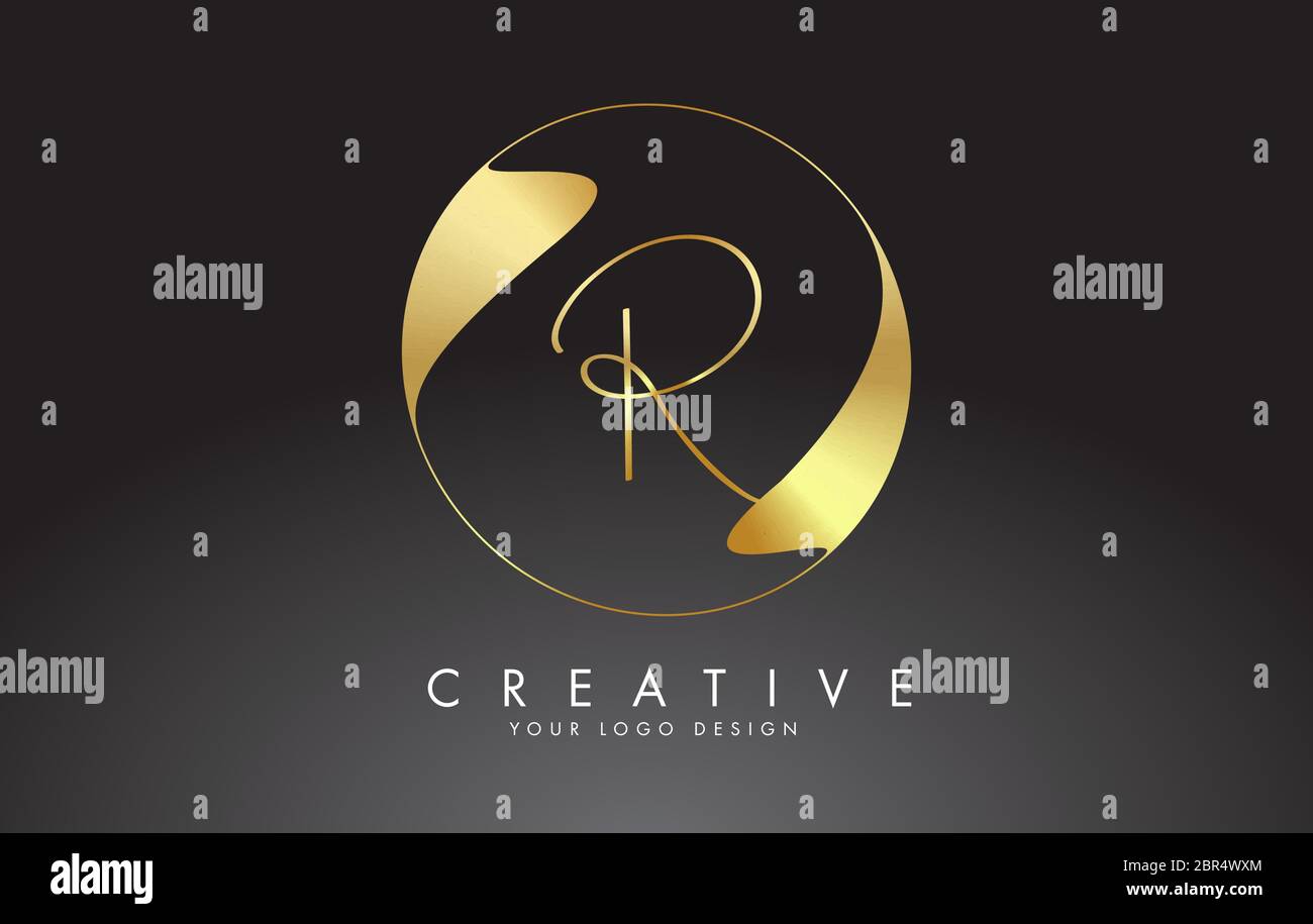Initial R handwritten letter logo with golden elegant design and golden ...