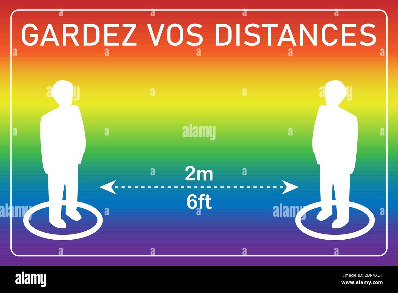 Vector illustration of social distancing. Keep your distance in french (Gardez vos distances). Person location icons. 2 meters or 6 feet. White icons Stock Vector