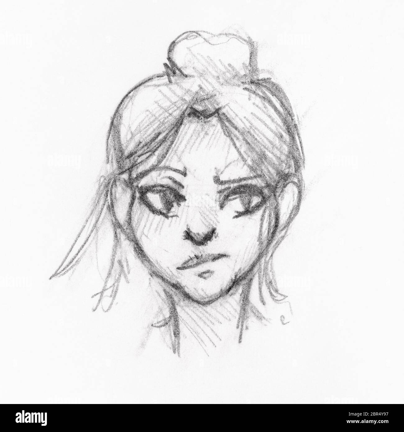 sketch of head of girl with skeptical face and bun hairstyle hand-drawn by  black pencil on white paper Stock Photo - Alamy