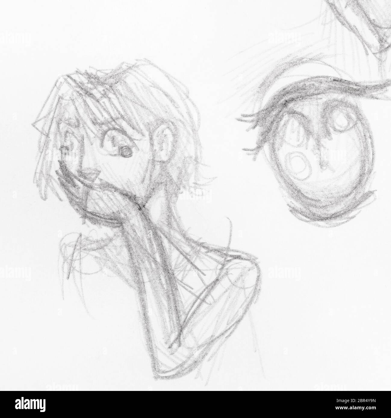 sketch of scared girl with hand covers her mouth and owl hand-drawn by  black pencil on white paper Stock Photo - Alamy