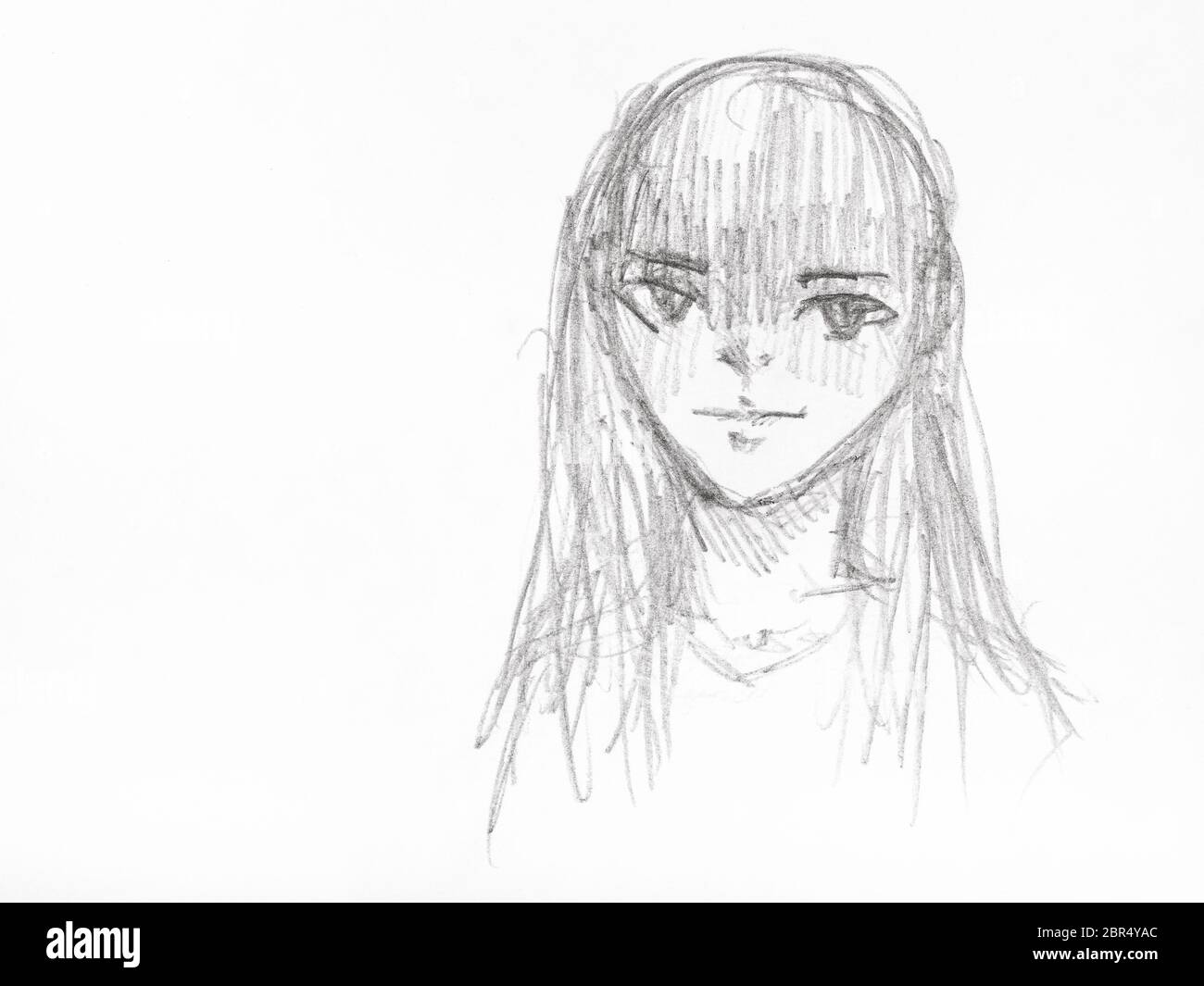 sketch of girl with long straight hair hand-drawn by black pencil on white  paper Stock Photo - Alamy