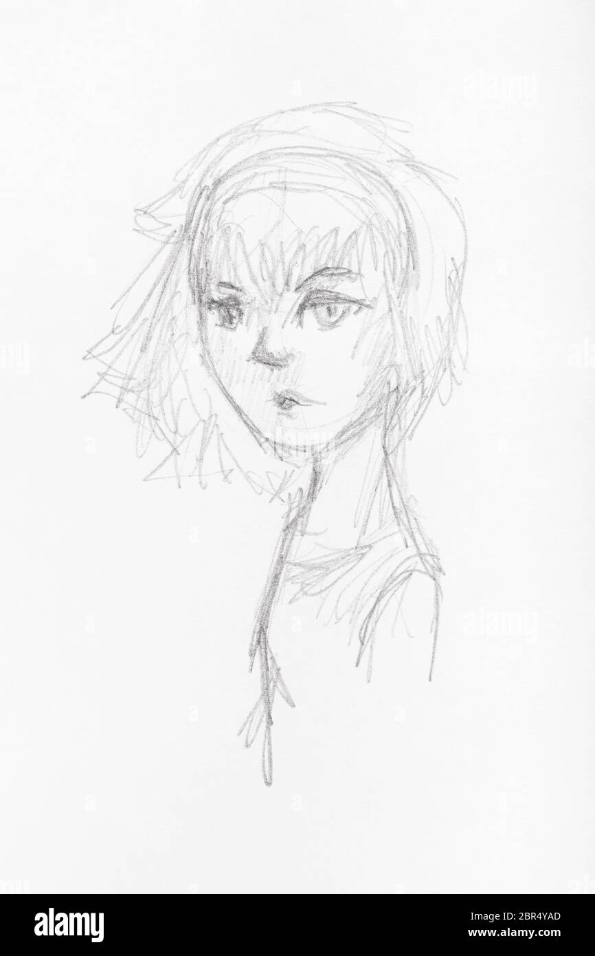 sketch of perplexed girl with hair fluttering in wind hand-drawn by ...