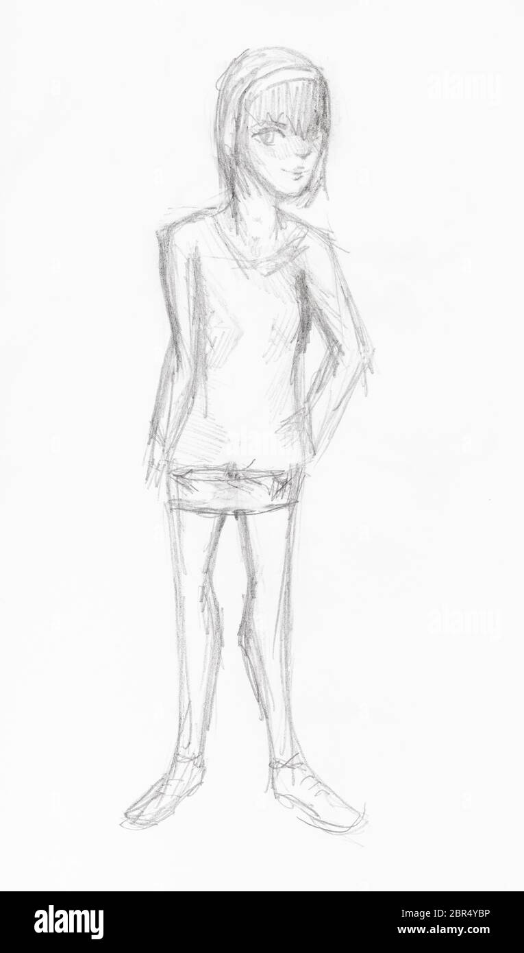 sketch of girl in short sport suit hand-drawn by black pencil on white paper Stock Photo