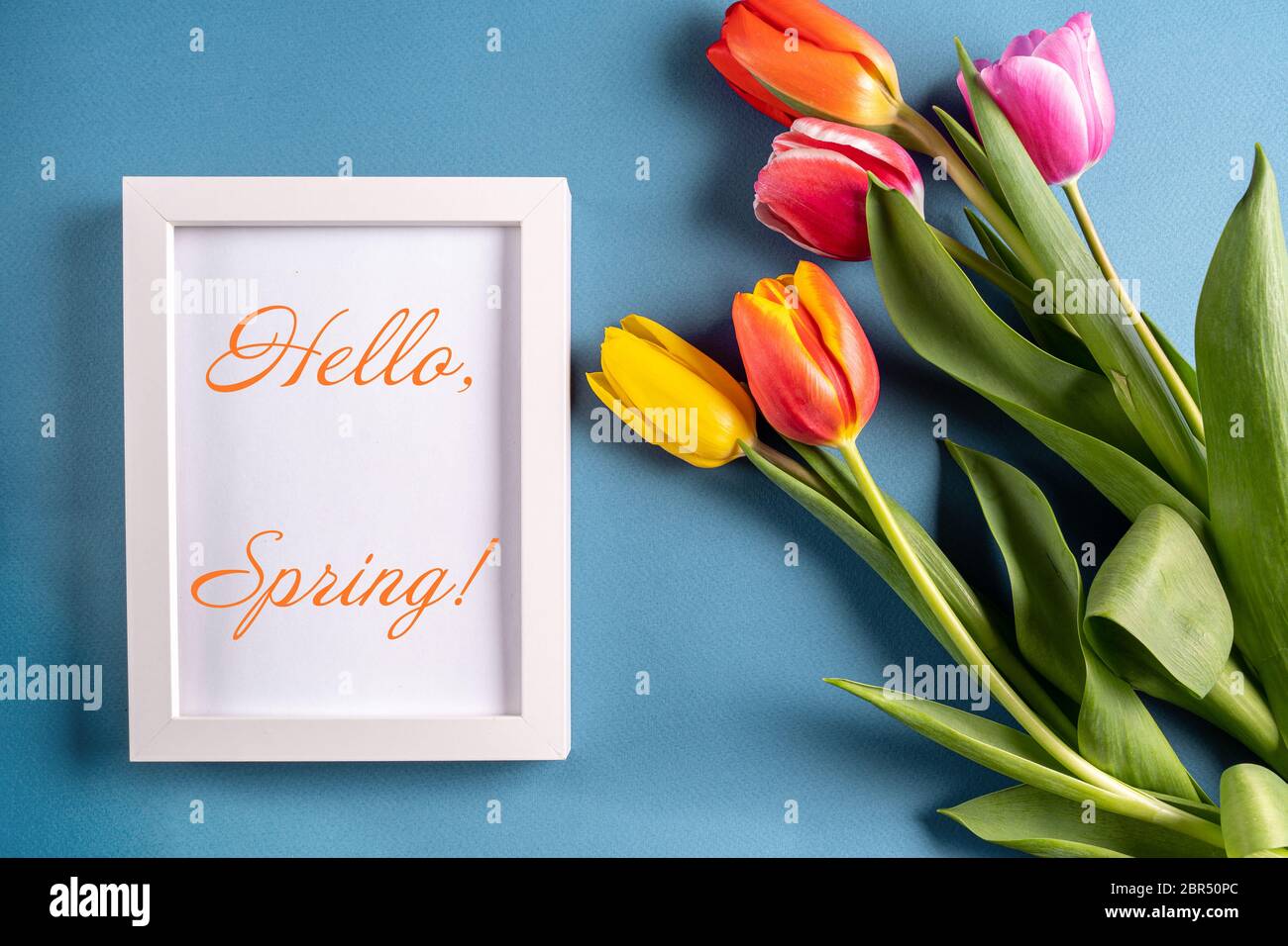 Flat lay Spring tulip flowers bouquet and white paper frame on blue ...