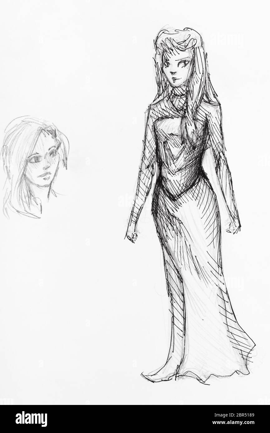 Sketch Of Girl In Elf Cosplay Suit And His Head Hand Drawn By Black Pencil And Ink On White Background Stock Photo Alamy
