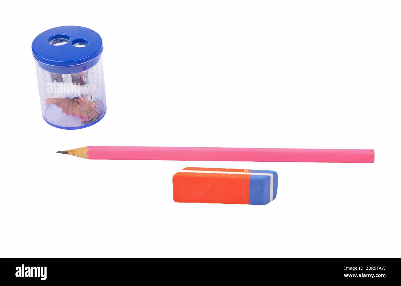Pencil, eraser and sharpener on white Stock Photo