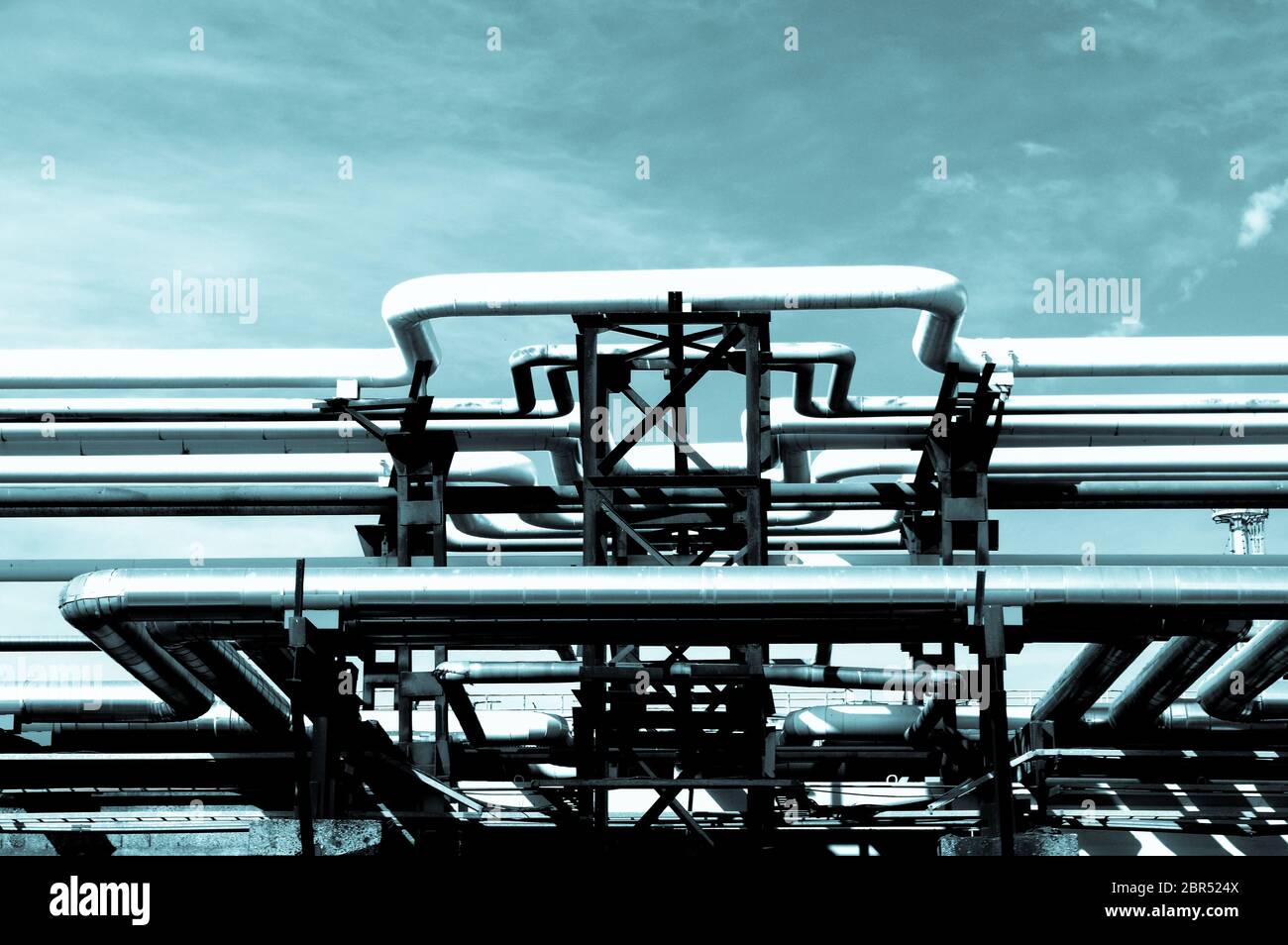 Pipeline and pipe rack of petroleum industrial plant. Offshore Industry oil and gas production